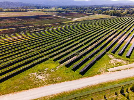 Clean energy production site with solar panels in West Virginia landscape