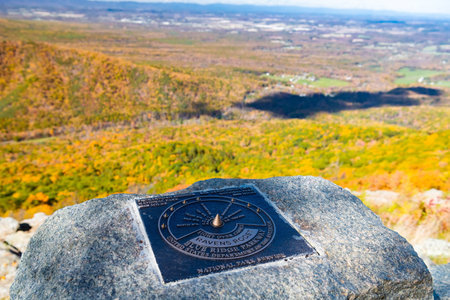 Raven's Roost plaque overlooking colorful Virginia hills on Blue Ridge Parkwayの写真素材