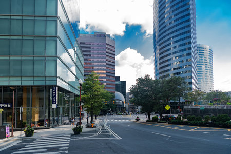 Rosslyn skyline in Arlington Virginia with modern glass skyscrapers and blue summer skyの写真素材