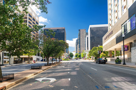 Business district architecture in Rosslyn Virginia featuring glass towers and roadの写真素材