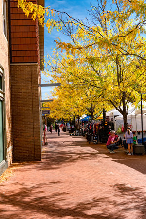 Vibrant outdoor fair with people and autumn leavesのeditorial素材