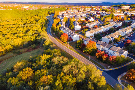 Autumn foliage in a modern East Coast townhome neighborhood by Washington DC.の写真素材