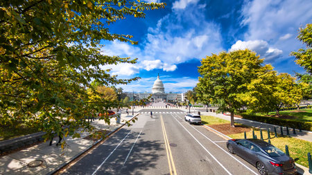 Wide angle shot of a long straight park road with autumn trees towards the United States Capitol building in Washington DCの写真素材