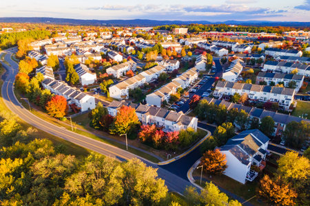 Aerial view of suburban townhomes near Washington, Virginia, at sunsetの写真素材