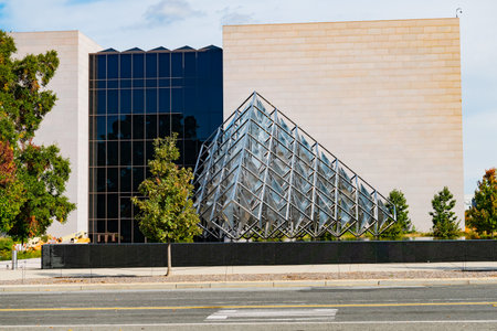 Architectural view of the East Building of the National Gallery of Art, contrasting the gray marble...