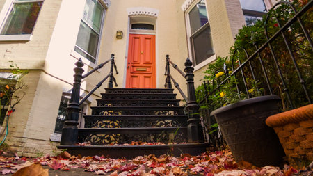 Residential autumn landscape showing the front steps and dark door of a traditional DC home amidst...