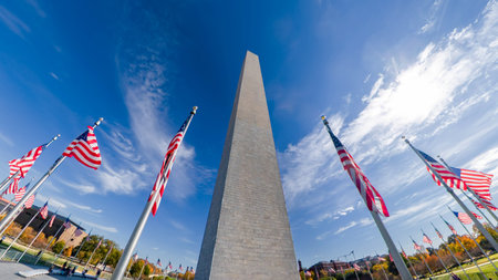 Wide-angle view of the flags around the Monument from a low angleの写真素材