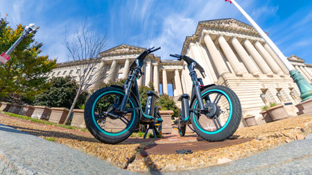 Rental bicycles on a Washington city street in front of a government building