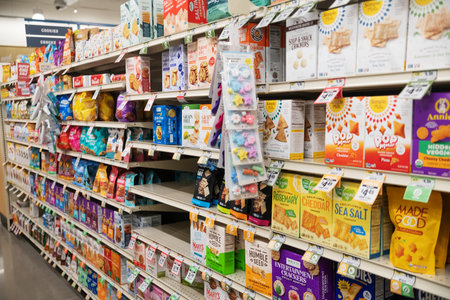Grocery store snack aisle with crackers cookies and packaged food on shelvesのeditorial素材