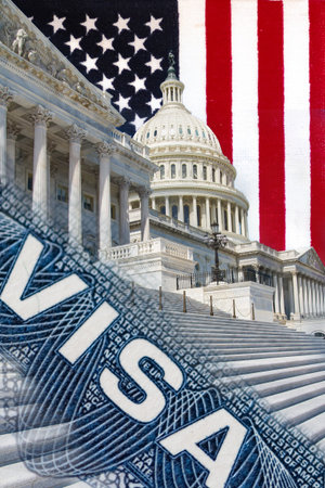 US Capitol and American flag symbolizing immigration visa ban and travel restrictions policy