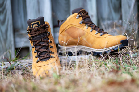 Timberland trail shoes leather boots for hiking trekking and autumn seasonのeditorial素材