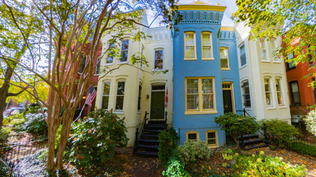 quiet urban neighborhood with historic row houses and fall foliage in Washington DCの写真素材