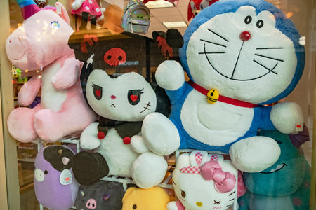 Toy store in a shopping mall with colorful stuffed animals in the windowのeditorial素材