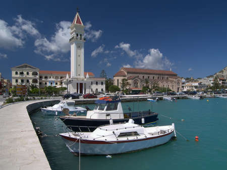 Zakynthos harbor with church of Saint Dionysius. の写真素材