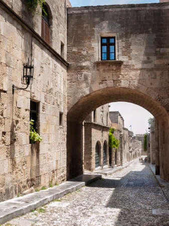 The Street of the Knights in Rhodes Old Town is a well preserved medieval cobbled street that was used by The Knights of the order of St Johnの写真素材
