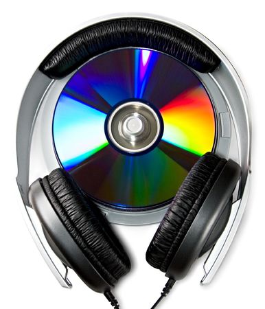 Headphones and cd disks isolated on whiteの写真素材