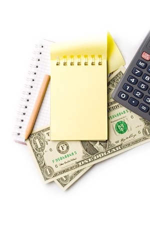 Notepad, pencil, dollar isolated on white の写真素材