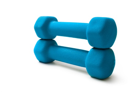 Blue dumbbells on white background の写真素材