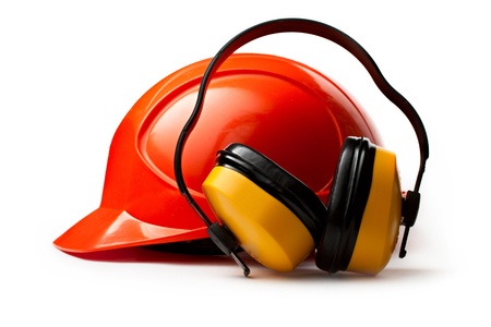 Red safety helmet with earphonesの写真素材
