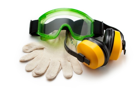 Green goggles with gloves and earphonesの写真素材