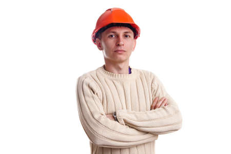 Workman in red helmet on white background