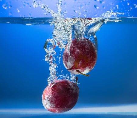 Fresh plums in water splashの写真素材