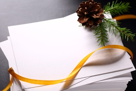 Stack of paper cards and twig of evergreen fir