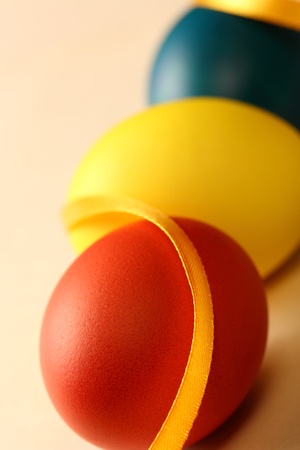 Easter eggs with yellow ribbonの写真素材