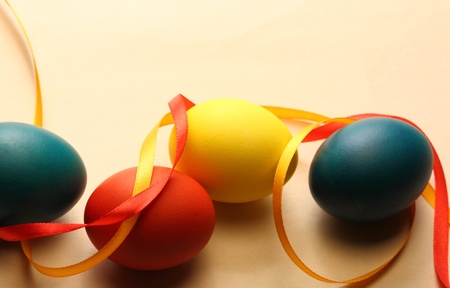 Easter eggs with yellow ribbonの写真素材