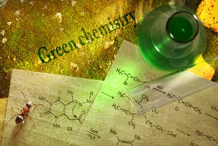 Green chemistry with reaction formula on mossの写真素材
