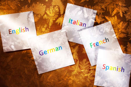 Cards with different languages in light and colorの写真素材