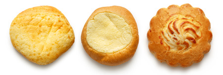 Three round dessert buns on white background
