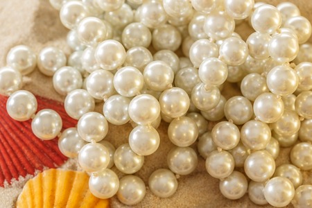 White pearl and seashells on sand background