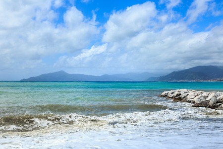 Sea and mountain view of Italian shoreの写真素材
