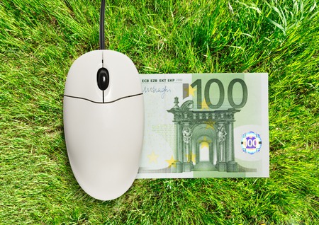 Computer mouse and one hundred euro banknote on grassの写真素材