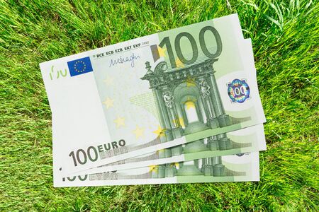 One hundred euro banknotes on grass backgroundの写真素材