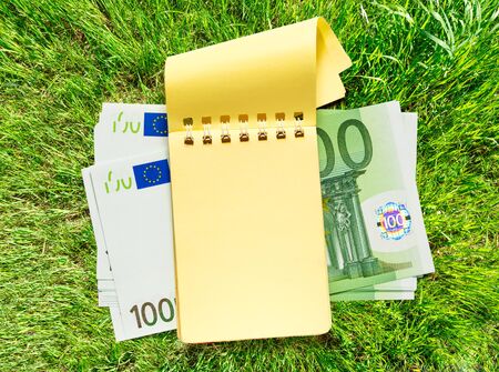 One hundred euro banknotes and blank yellow notepadの写真素材