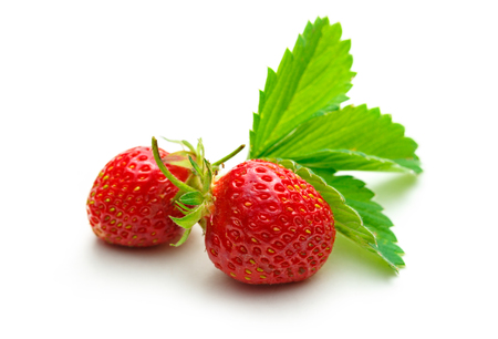 Fresh strawberry with leaves on white backgroundの写真素材