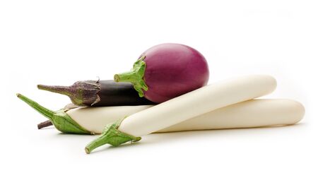 Fresh eggplants on the white background closeupの写真素材