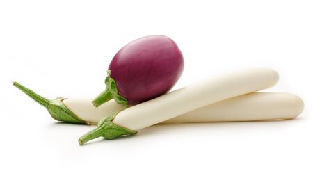 Fresh eggplants on the white background closeupの写真素材