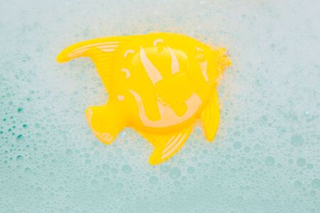 Bath toy fish in white foam bubblesの写真素材