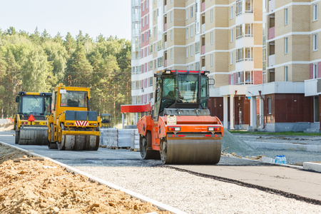 Road roller working at road construction siteの写真素材