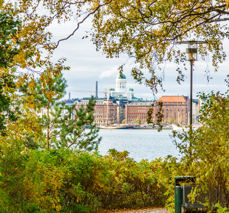 Helsinki city view from park zone in autumnの写真素材