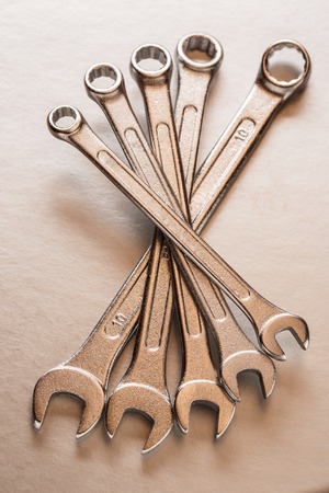 Set of new metallic spanners in closeupの写真素材