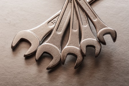 Set of new metallic spanners in closeupの写真素材