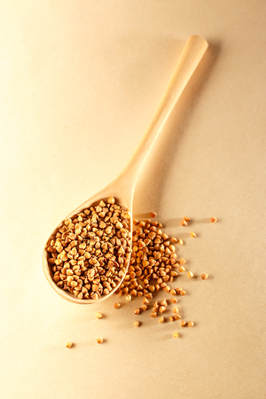 Wooden spoon with dry buckwheat on paper backgroundの写真素材