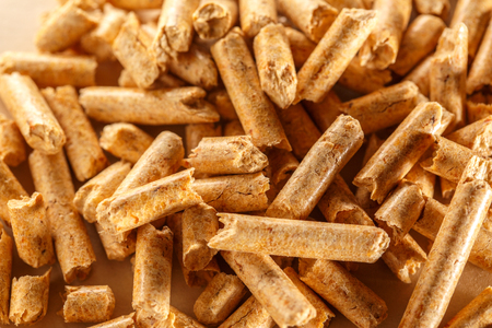 Wooden pellets on paper background in closeup