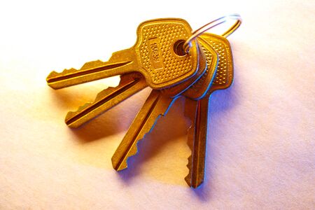 Metal keys on paper background in closeupの写真素材