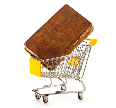 Market pushcart with book on white background closeupの写真素材