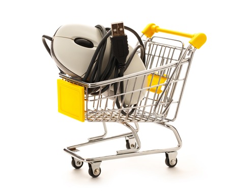 Market pushcart with mouse on white background closeupの写真素材